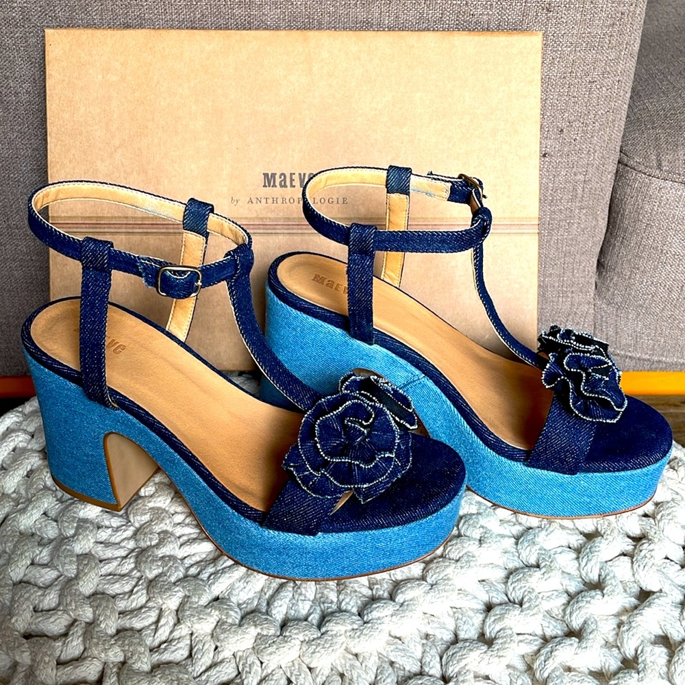 Maeve Two-Tone Denim Platform Sandals with Rosette - Picture 4 of 16